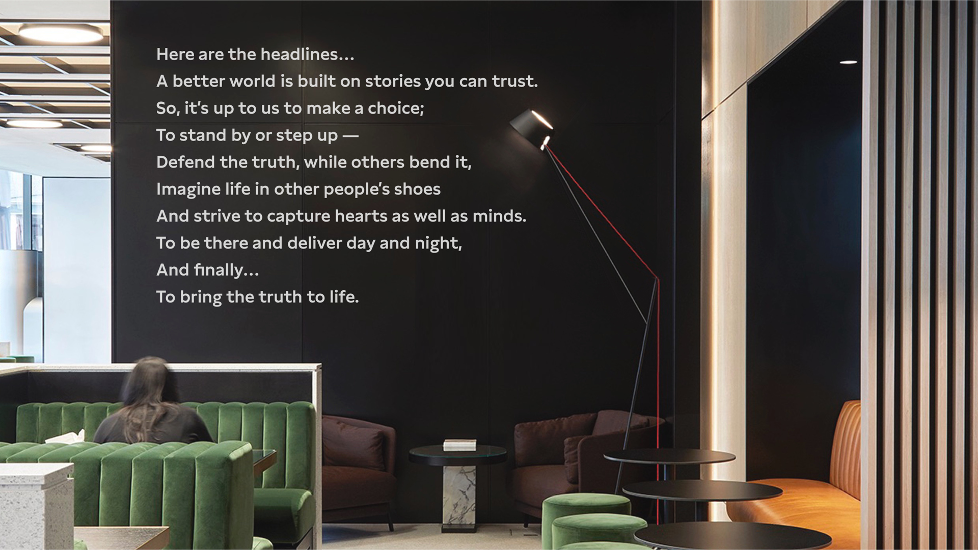 Image showing the ITN brand poem on a large wall in the open plan foyer in ITN HQ